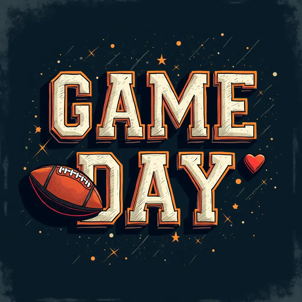 Simple lines. A football outlined in orange sits within the letters 'GAME DAY' written in a bold, stylized font. A small heart is placed beside the word 'DAY'. The background is a dark, textured surface. The image should have a dynamic, sporty aesthetic with contrasting colors and detailed textures. Elements such as the stitches on the football, the texture of the background, and the cursive style of the lettering should be clearly visible.