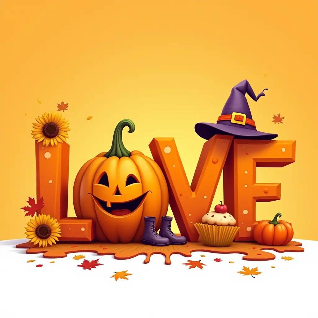 Vector. Create a 3D, cartoon-style image of the word 'LOVE' with a pumpkin as the 'O.' The 'L' and 'V' should be stylized as autumn leaves or boots, and the 'E' should be a cupcake. A witch's hat should sit atop the pumpkin, and sunflowers and maple leaves should be scattered around. The image should have a dripping paint effect, with a vibrant orange background and a white foreground. Use bold colors and playful textures.