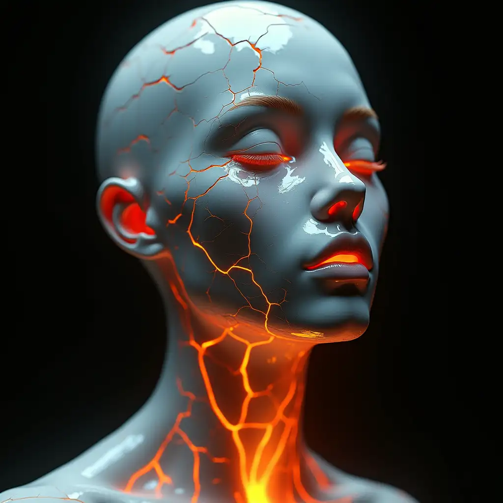 Porcelain face, cracked surface, glowing lava beneath, closed eyes, serene expression, highly detailed, 3D render, dramatic lighting, fiery orange accents, smooth textures, photorealistic, cinematic, dark background, surreal art, fantasy concept, intricate cracks, ember-like glow, digital sculpture, ethereal beauty, futuristic design, contrasting colors