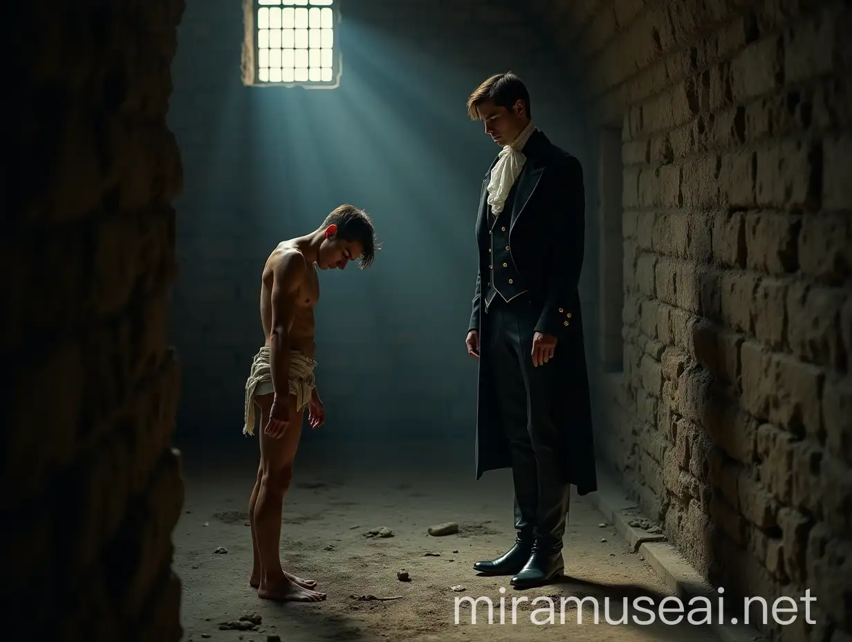 A low angle, full body shot of an extremely lean, handsome young man, about 18 years old, standing barefoot on a cold, dirty stone floor in a dimly lit, wide ancient vault. His body is positioned to the left, showing his right side, his head bowed humbly, gazing at the floor. His slender, delicate frame glistens with sweat, highlighting cuts and bruises across his skin. He wears a ragged, torn and ripped loincloth, thin with age, barely covering his dirty and injured body. His expression is desperate and fearful, accentuating his vulnerability. Opposite him stands a powerful nobleman, dressed in a pristine Regency-era outfit, his tailored black tailcoat with silver buttons perfectly fitted over a white waistcoat. His cravat is neatly tied around his neck, and he wears finely pressed breeches tucked into polished black boots. White stockings, along with a gleaming pocket watch, complete his look, representing wealth and authority. The contrast is stark—his face exudes disdain, casting a dominating presence as he gazes down at the young man. The damp prison walls, thick with dust, dirt, and cobwebs, heighten the oppressive atmosphere. Faint light filters through a small grated window, casting dramatic shadows across the scene. The dramatic interplay of light and shadow focuses on extreme realism, capturing the suffering of the young man and the harshness of his environment, with vivid colors and meticulous attention to every agonizing detail. Shot with a Nikon Z7 II, 50mm f/1.4 lens, shallow depth of field.