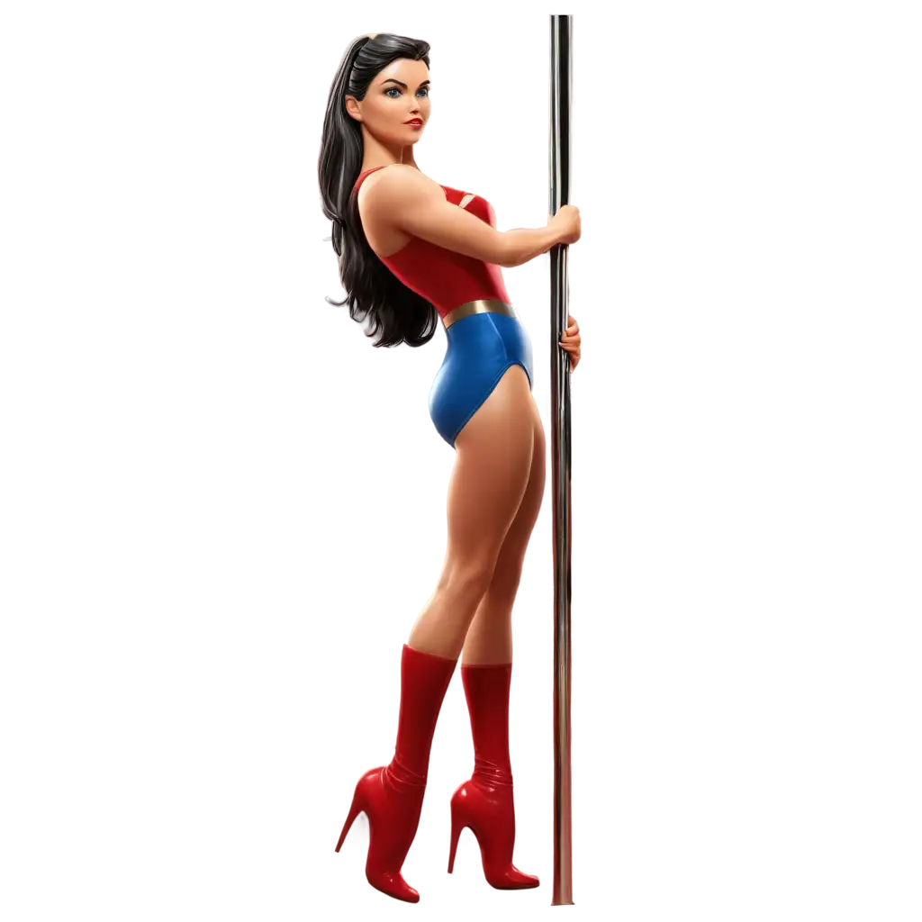 as a pole dance specialist, create a 3d image of a muscular, athletic woman, with shoes and attire fitting the discipline, doing the superman figure on the pole