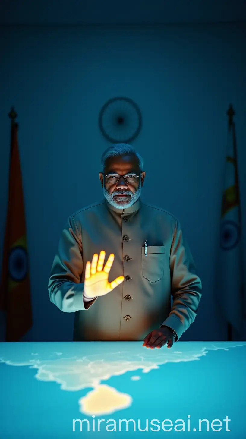 creat a hyper realistic image An artistic and cinematic scene depicting a futuristic and symbolic moment of leadership. Indian Prime Minister Narendra Modi, dressed in his iconic traditional attire, stands in a modern, dimly lit room suffused with bluish tones, exuding a contemplative atmosphere. In one hand, he holds a glass glove—a sleek, glowing artifact emitting a radiant golden-yellow light. This warm glow sharply contrasts with the cool, blue ambiance surrounding him. Before him, a detailed map of Sri Lanka is projected onto a sleek table or holographic surface, softly illuminated. Modi’s focused gaze conveys thoughtfulness and determination, highlighting the significance of the moment. The room's minimalist design, futuristic elements, and contrasting lighting emphasize themes of diplomacy, strategy, and visionary leadership. The glowing glove suggests influence and insight, framing this as a pivotal and cinematic representation of regional decision-making and global responsibility