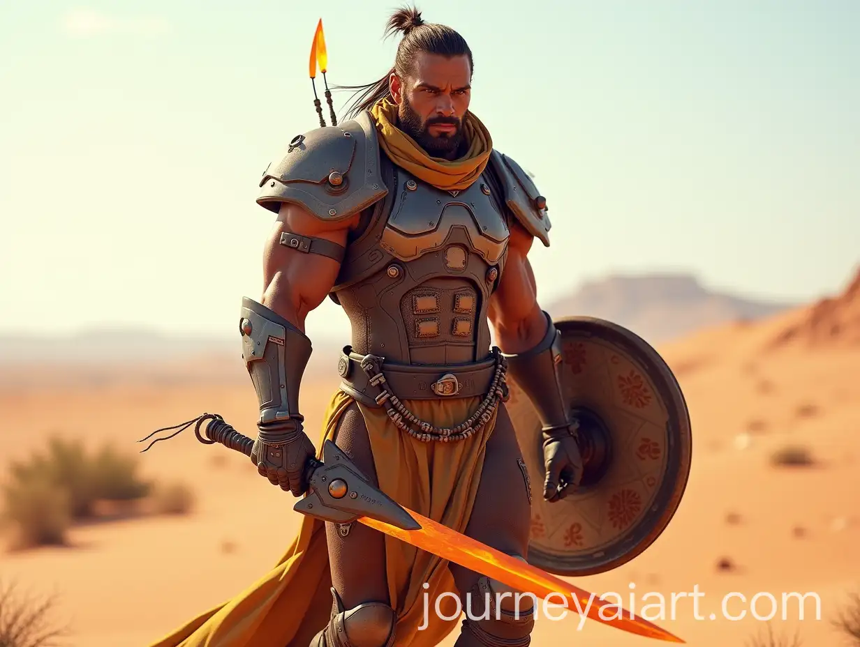 Futuristic-Aboriginal-Warrior-in-Australian-Desert-with-Plasma-Blade-and-Shield