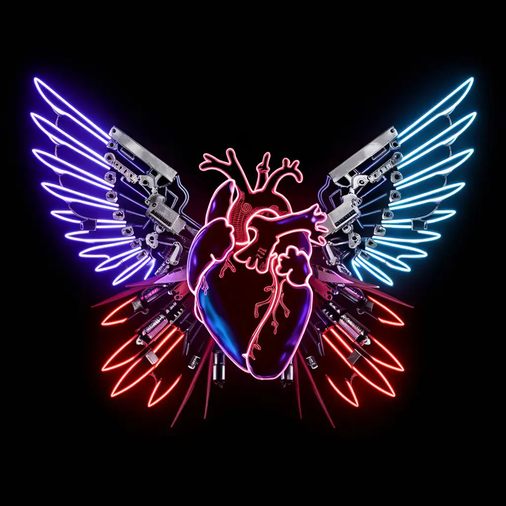 Neon Cyberpunk Anatomical Mechanical Heart with Light Wings