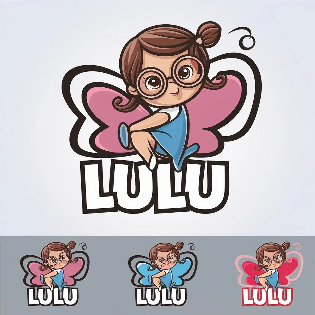 a vector logo design,with the text "LuLu", main symbol:Cute little girl, comic style, colored, no shopping bags or packages, want head image, not full body image, need butterfly element,complex,be used in retail industry,clear background