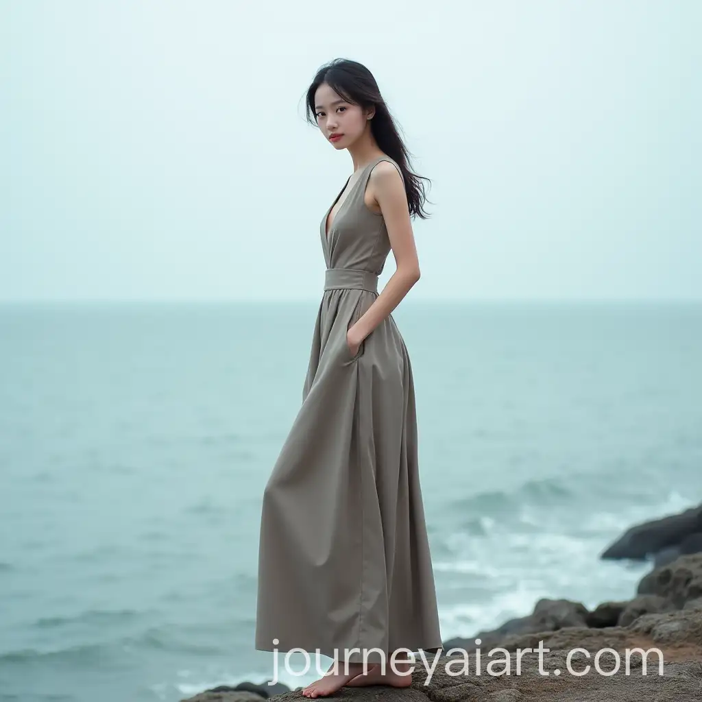 Young-Chinese-Woman-Posing-Elegantly-at-the-Edge-of-a-Calm-Ocean