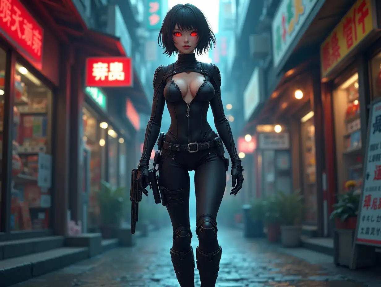 Short hair, mature Asian woman thief cyber runner in a dynamic full-length pose, eyes with red electronic pupils, large breast, extreme skintight body glove zipped down with cleavage, combat boots and combat belt. Full view of her body from boots up, low wide angle. Future store filled city alley street. Anime