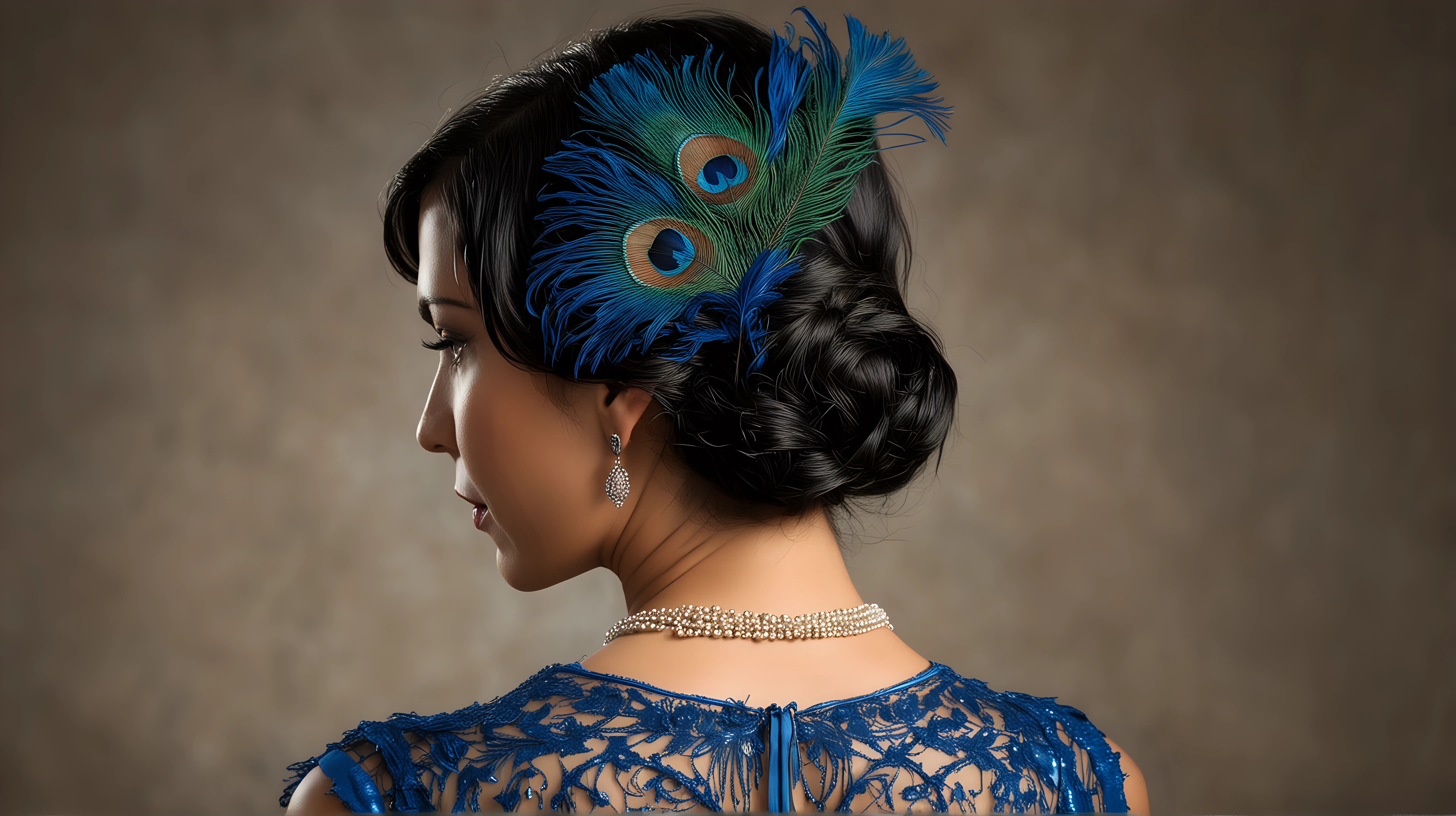 Latin Woman in 1920s Blue Dress with Peacock Feather