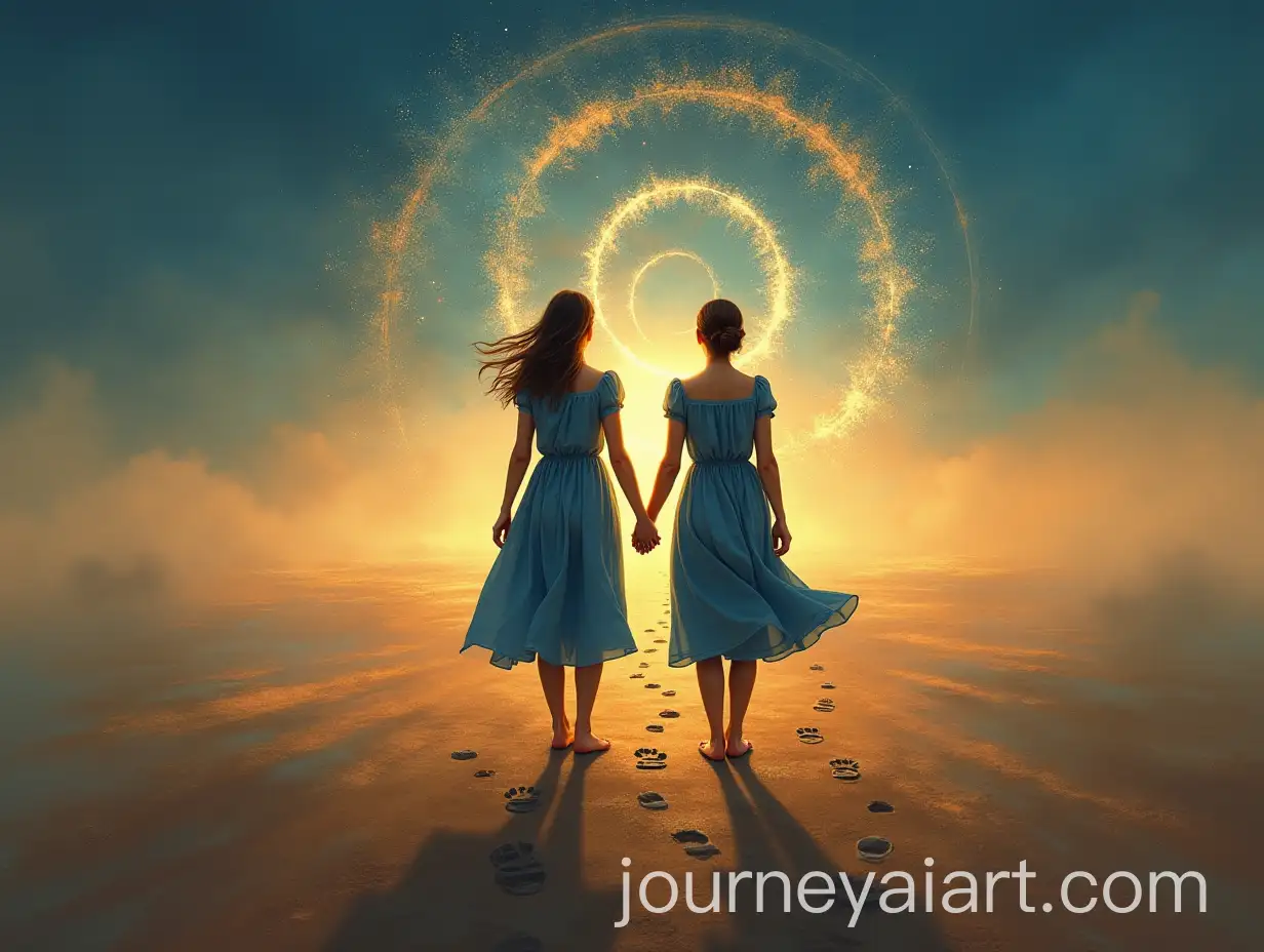 Women-in-Blue-Dresses-Against-a-Twilight-Horizon-with-Fading-Footprints