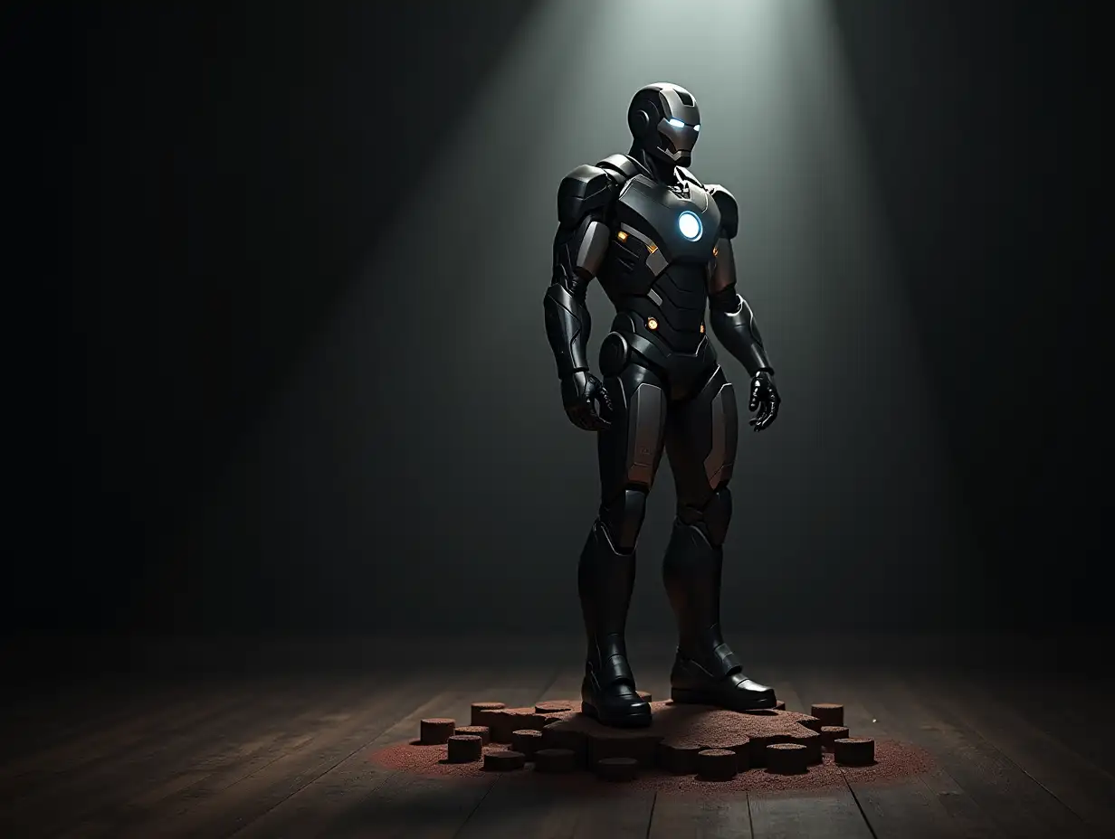 IronMan in schwarz portrait in 8k resolution in a lit room and he stands on the ground of rusty metal piles with spotlight shining on him