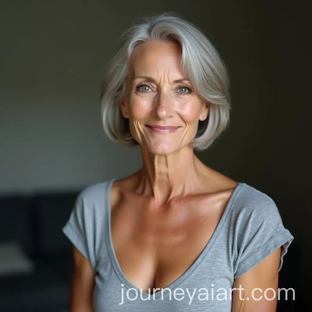 Elegant-65YearOld-Woman-with-Defined-Features-and-Gray-Hair-in-Gray-TShirt
