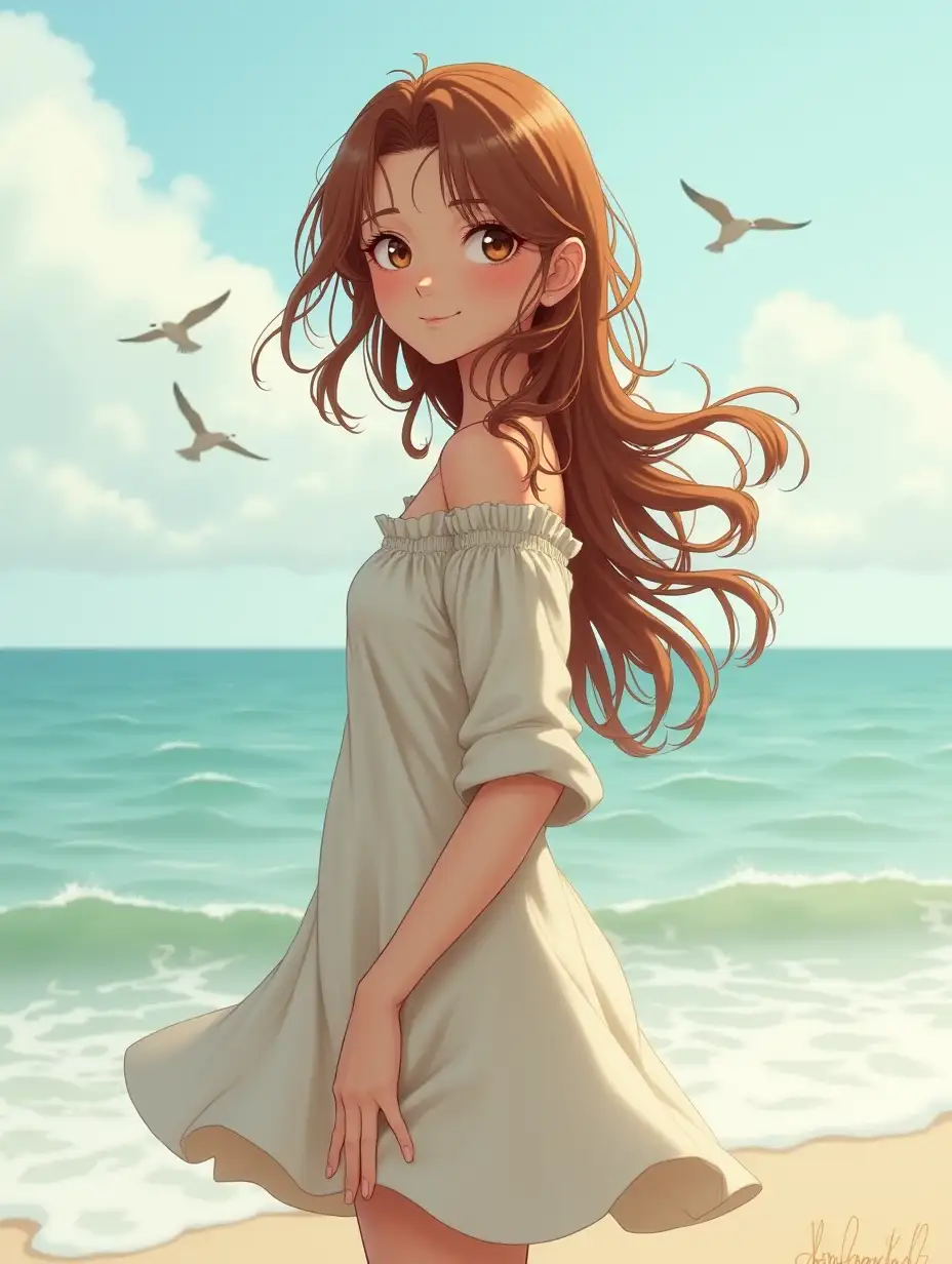 A slim girl is standing at the seaside, facing the viewer, wearing a light tunic, her long chestnut hair flowing in the wind and gentle waves lapping at her feet. She smiles slightly, with her nose turned up kittenishly. In the background, light waves and flying birds