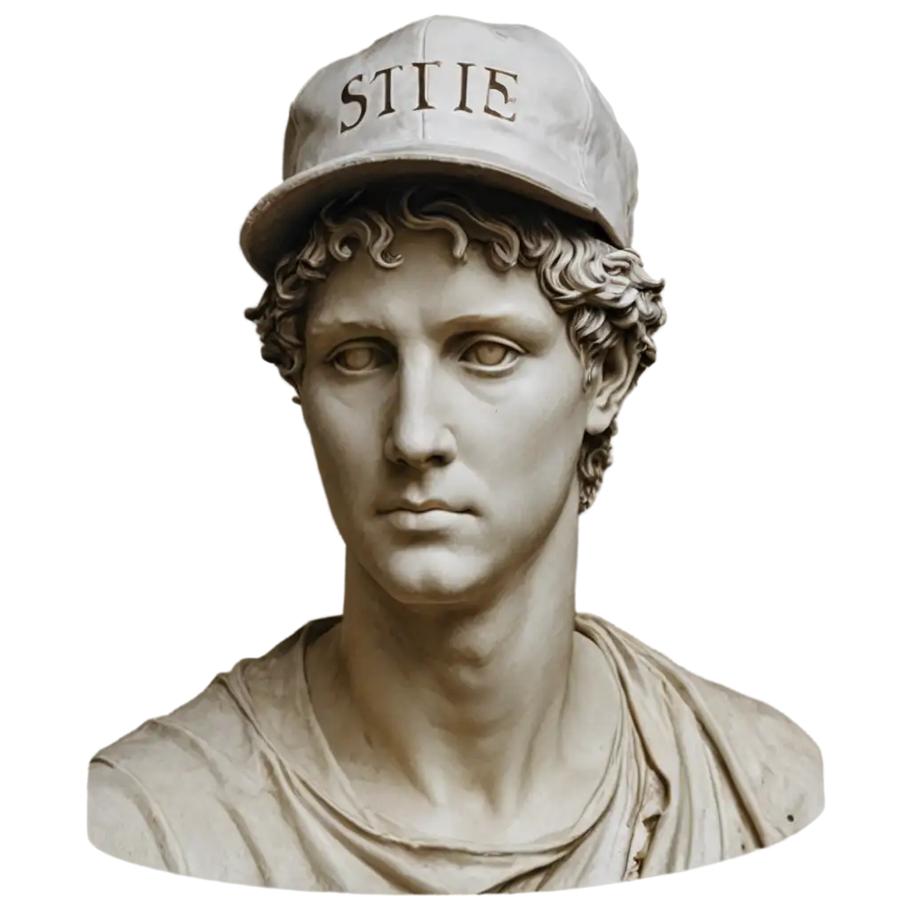 roman styke statue of david head wearing a baseball cap ith a dollar sign on in