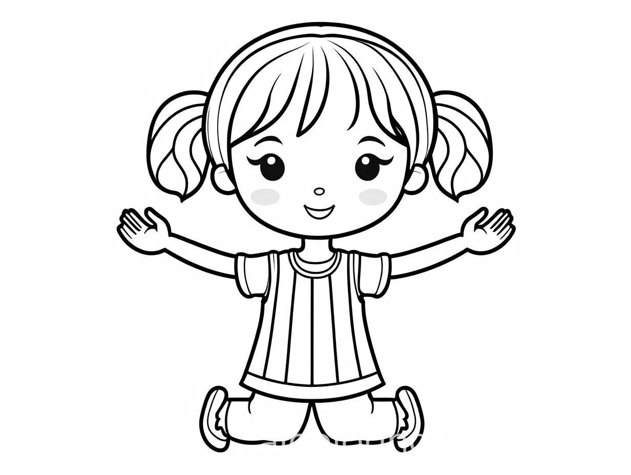 A small girl holding her hands calmly. 
, Coloring Page, black and white, line art, white background, Simplicity, Ample White Space. The background of the coloring page is plain white to make it easy for young children to color within the lines. The outlines of all the subjects are easy to distinguish, making it simple for kids to color without too much difficulty