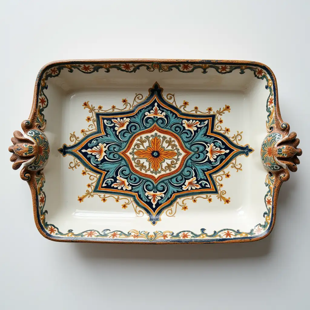 Bracketed rectanglere with rounded corners ceramic serving dish with embossed beautiful ceramic handle, Relief Underglaze painting on white body, Fine art, Hyper detailed, Antique and old, Qajar art, Iranian Tabriz carpet design