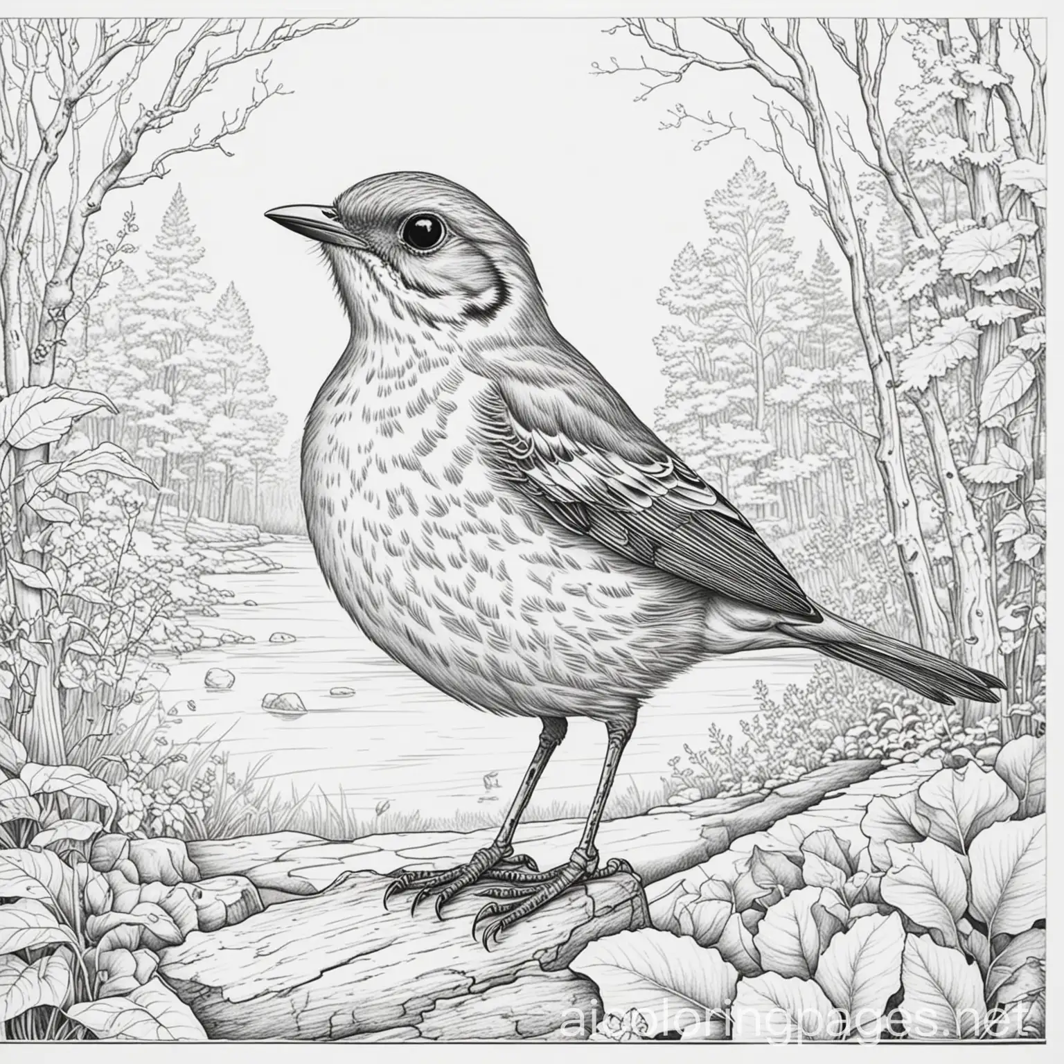 coloring page, Thrushes, it is more flooring up front, scenery, it is a safe animal, no color, black , Coloring Page, black and white, line art, white background, Simplicity, Ample White Space. The background of the coloring page is plain white to make it easy for young children to color within the lines. The outlines of all the subjects are easy to distinguish, making it simple for kids to color without too much difficulty