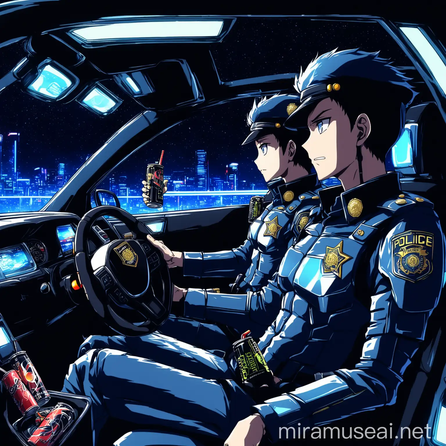 Anime Police Characters in Futuristic Car Interior at Night