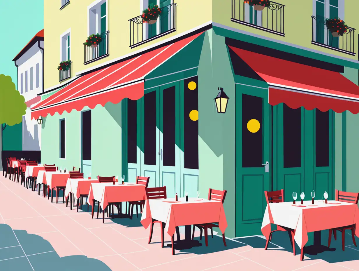 simple vector drawing the front of an European outdoor restaurant with tables not yet served. Use pastel colors like green, red, blue and yellow.