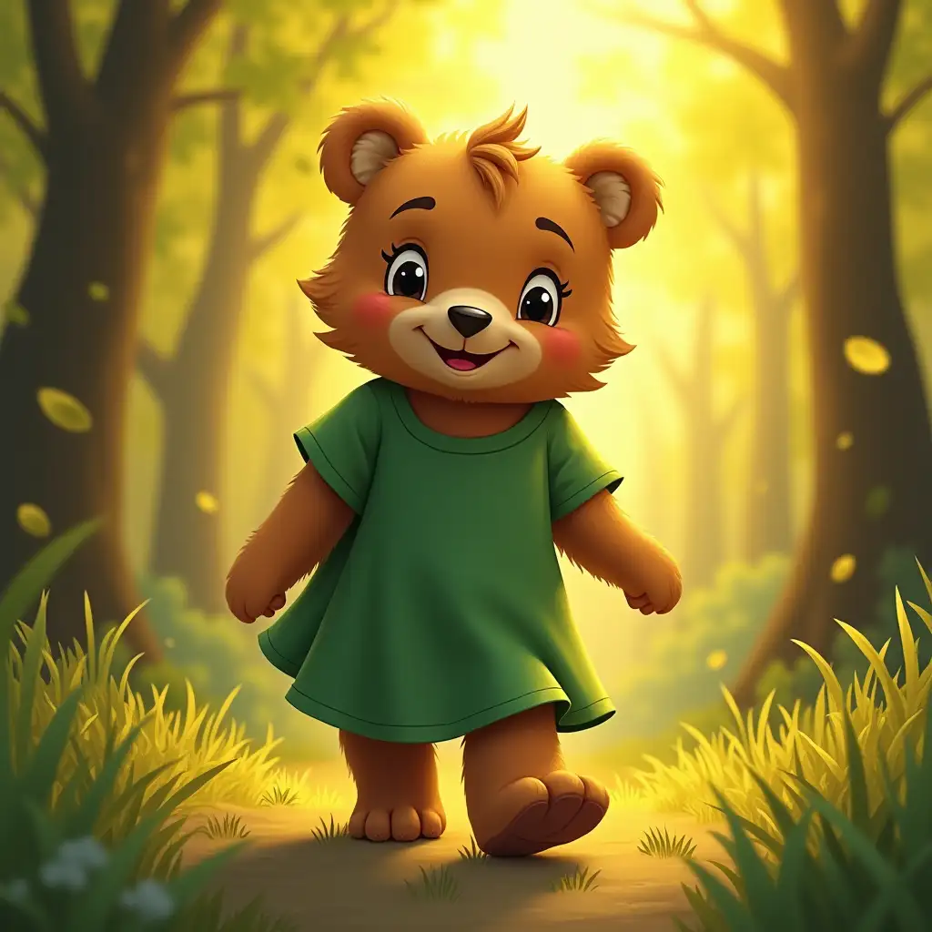 Female-Furry-Bear-in-Green-Dress-Walking-Through-a-Sunlit-Forest