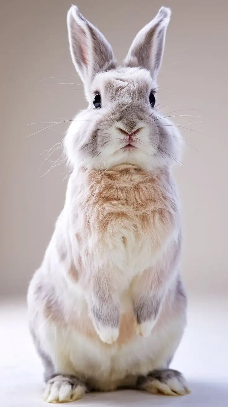 medium shot of a shaved french angora bunny, short white fur, studio setting, bright lighting, bunny sitting upright, slightly surprised expression, focus on bunny's body shape and face, plain background, humorous, funny bunny pictures, adorable, cute, french angora bunny wool, photorealistic, 4k