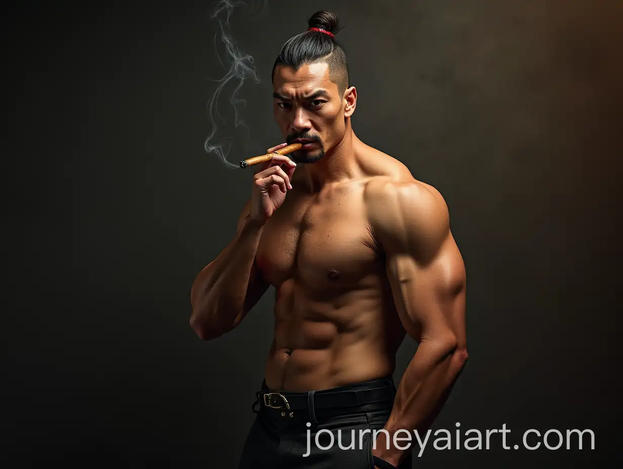 Muscular-Chinese-Master-in-Mafia-Stance-Smoking-Cigar