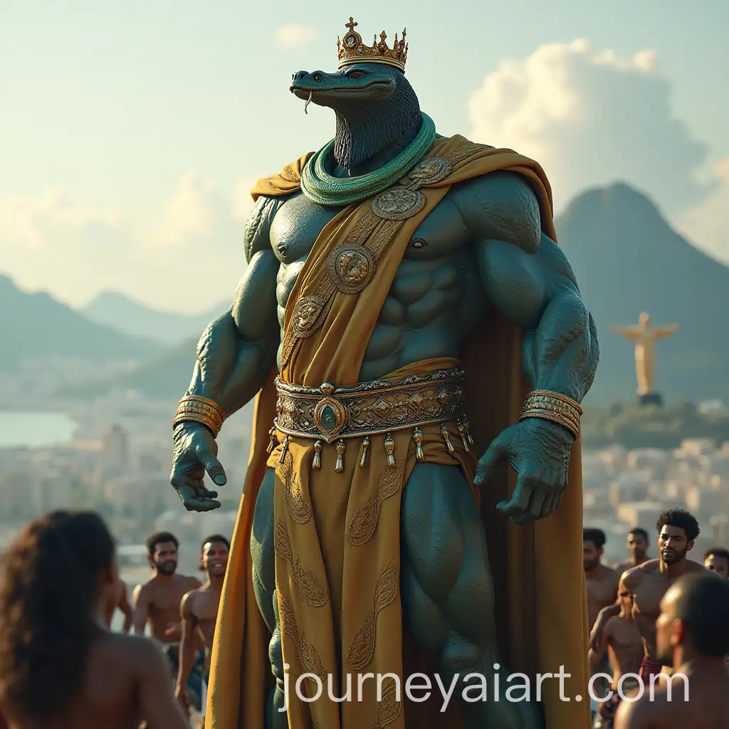 Hyperrealistic-Giant-SnakeHeaded-King-Humanoid-in-Rio-de-Janeiro-with-Christ-the-Redeemer