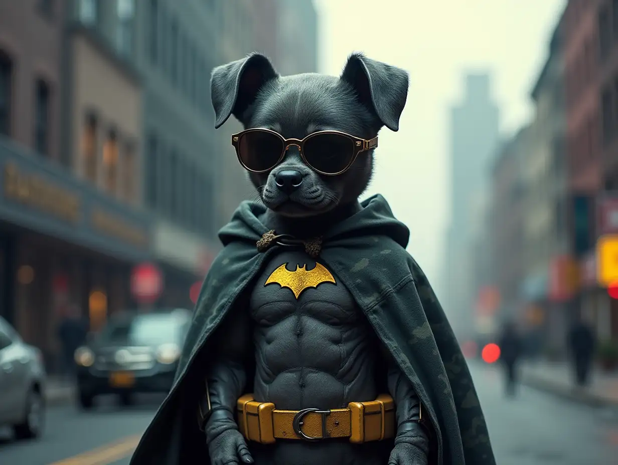 Batman with puppy camouflage cloak, bright shades stands on a building 4K resolution bright shades