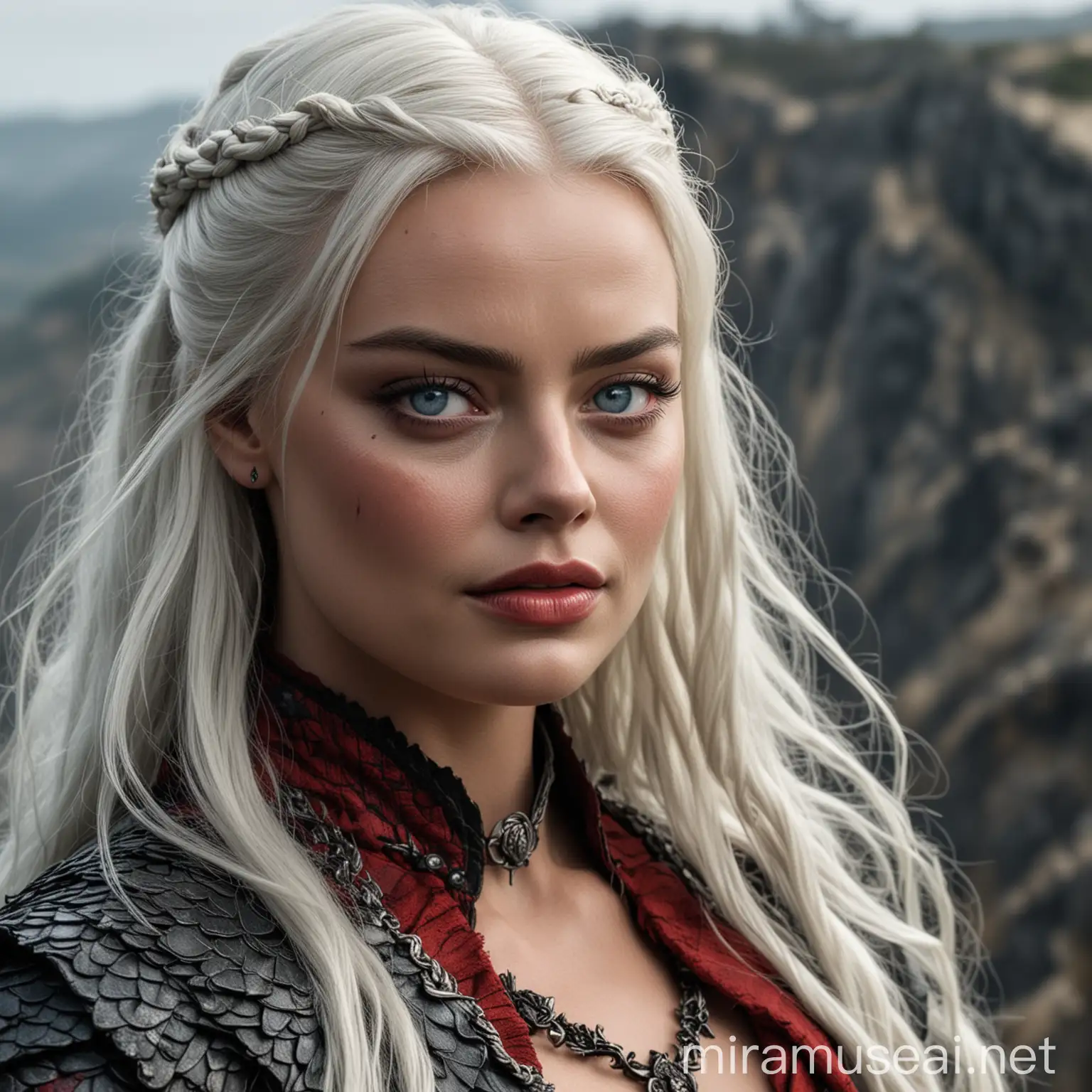 Princess Margot Robbie in Targaryen Garb on Cliff with Teary Eyes