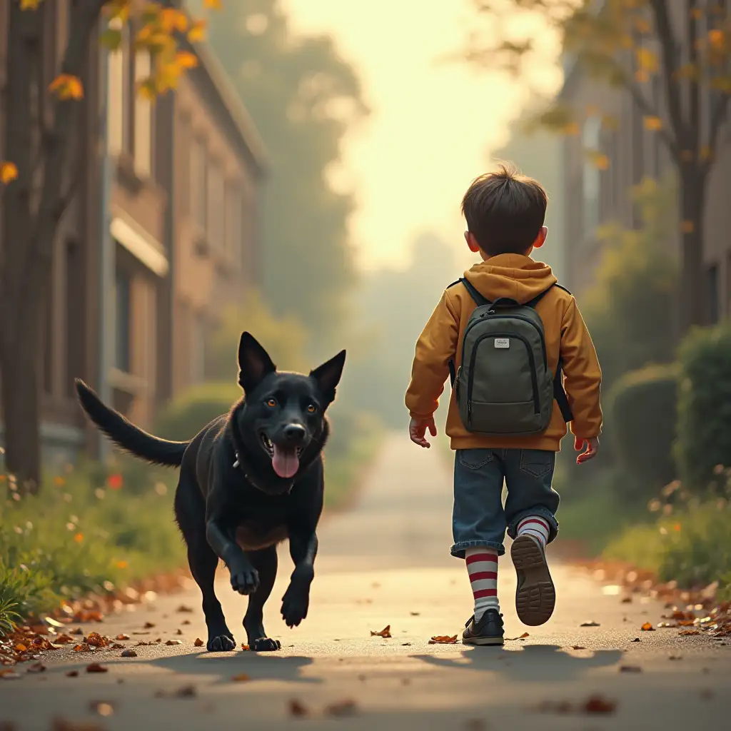 a boy is going to school, a black dog is running after him