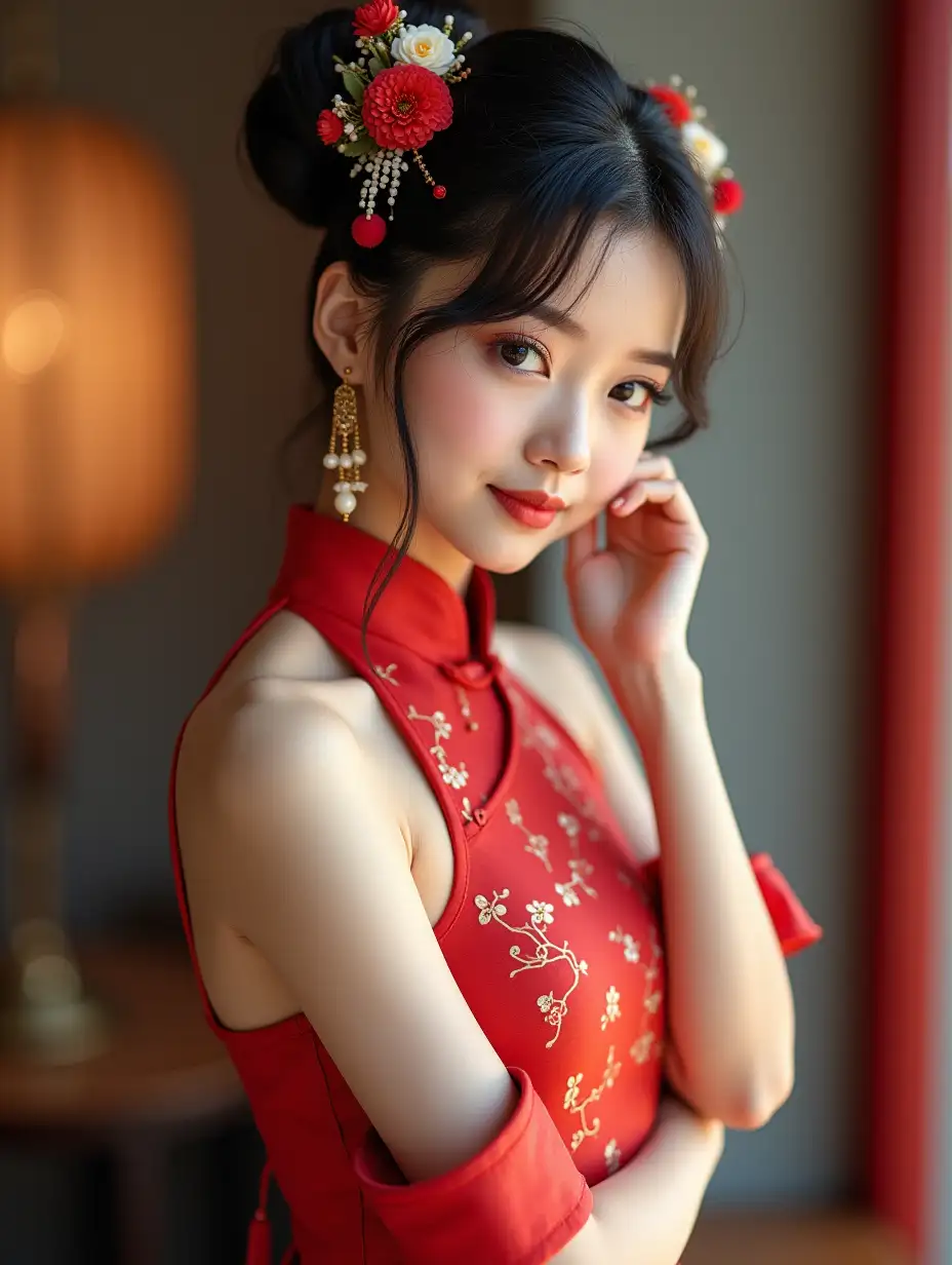 A captivating photograph features a girl in her 20s, elegantly dressed in a cute frontless qipao. She poses for a playful photo shoot. Her hairstyle is adorned with a beautiful headpiece and earrings. With a flirty gaze towards the camera, the image showcases her full-body pose in vibrant, lifelike detail. The stunning lighting enhances the overall effect, making it an enchanting shot.