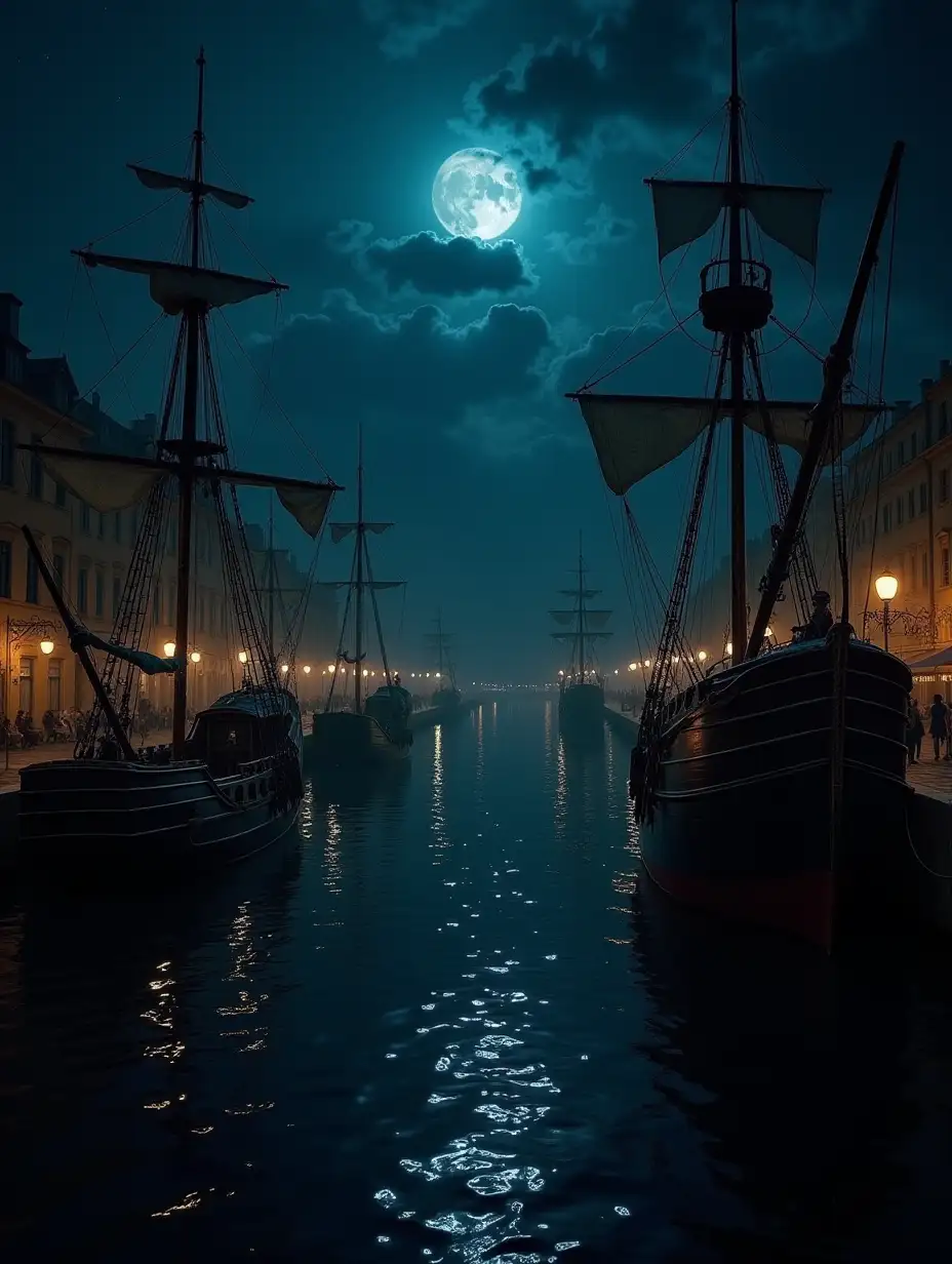 Dark-Fantasy-Galleon-View-at-Night-in-Lively-Italian-Port