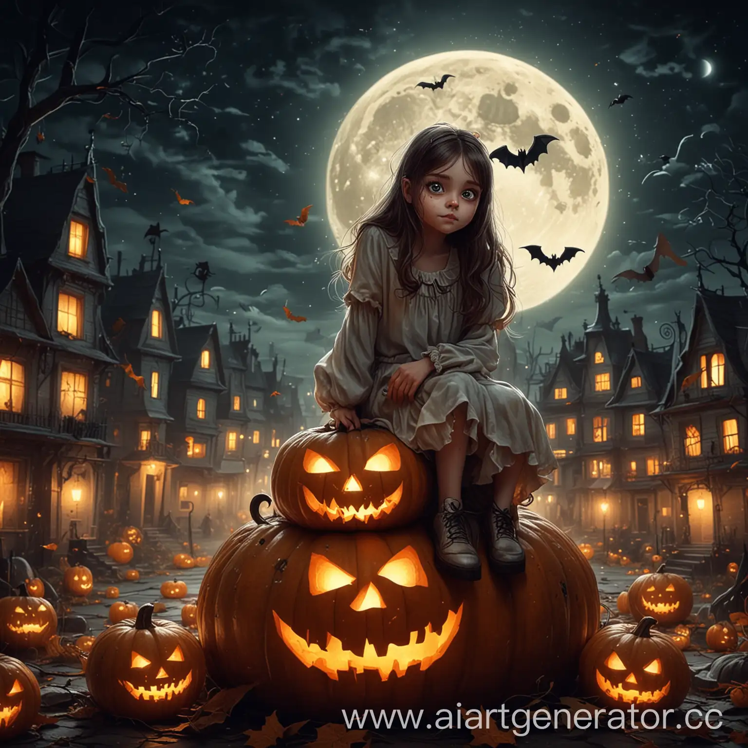 Halloween-Scene-Girl-Sitting-on-a-Pumpkin-Under-the-Moonlight