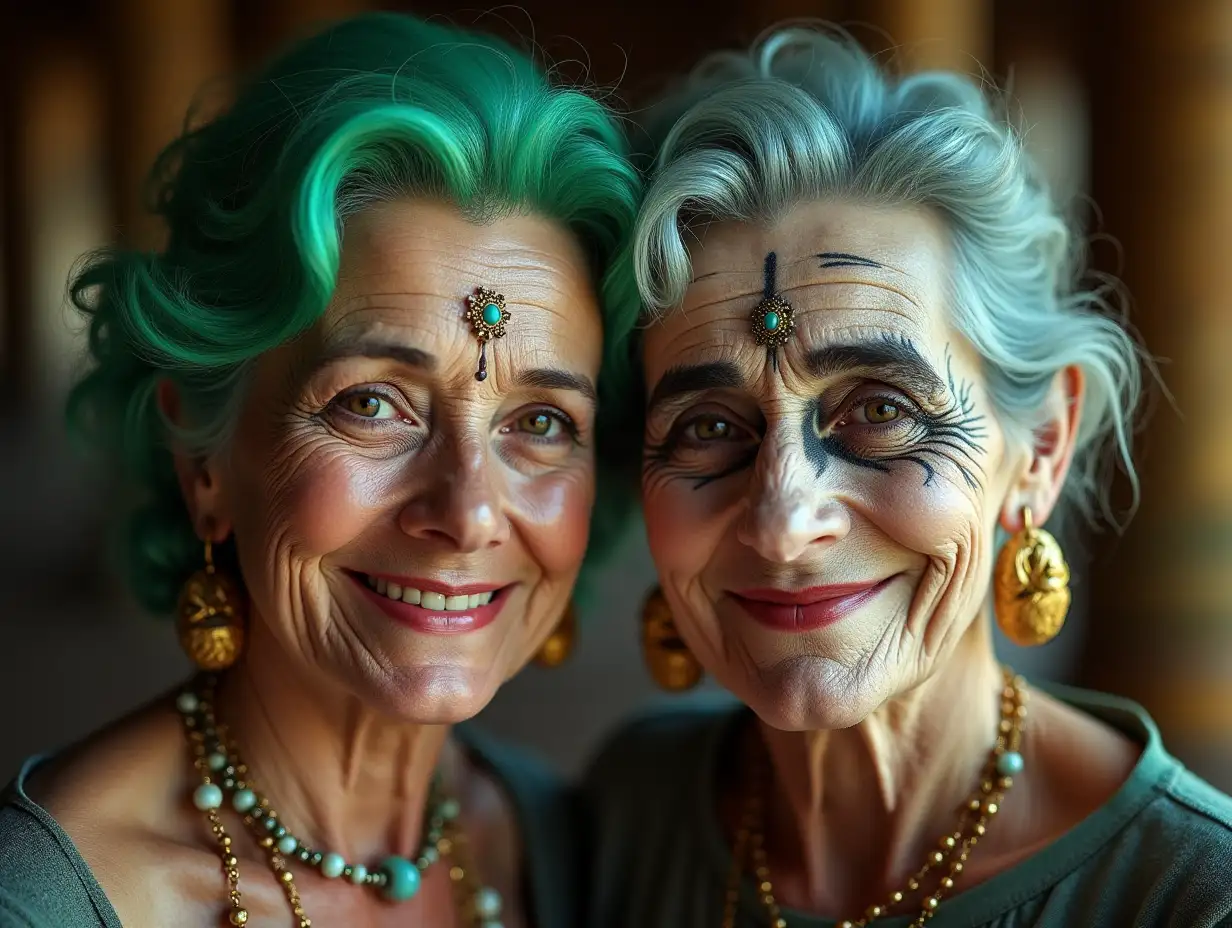 Two young black and white patterns Older women with alien face, with green hair, with a slight smile on their faces, highlighting their smiles, modern retro jewelry, in a temple much gold various shades 4k