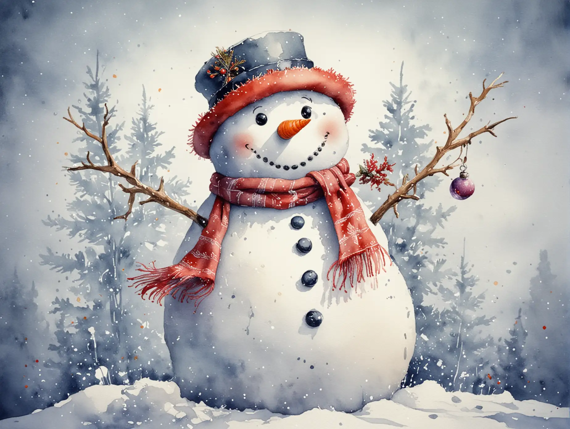 Snowman-in-the-Snow-Watercolor-New-Year-Illustration