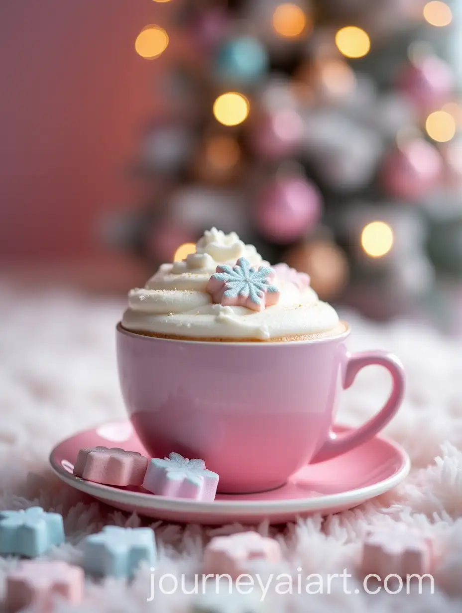 Pastel-Pink-Christmas-Cappuccino-with-Marshmallows-and-Snowflakes