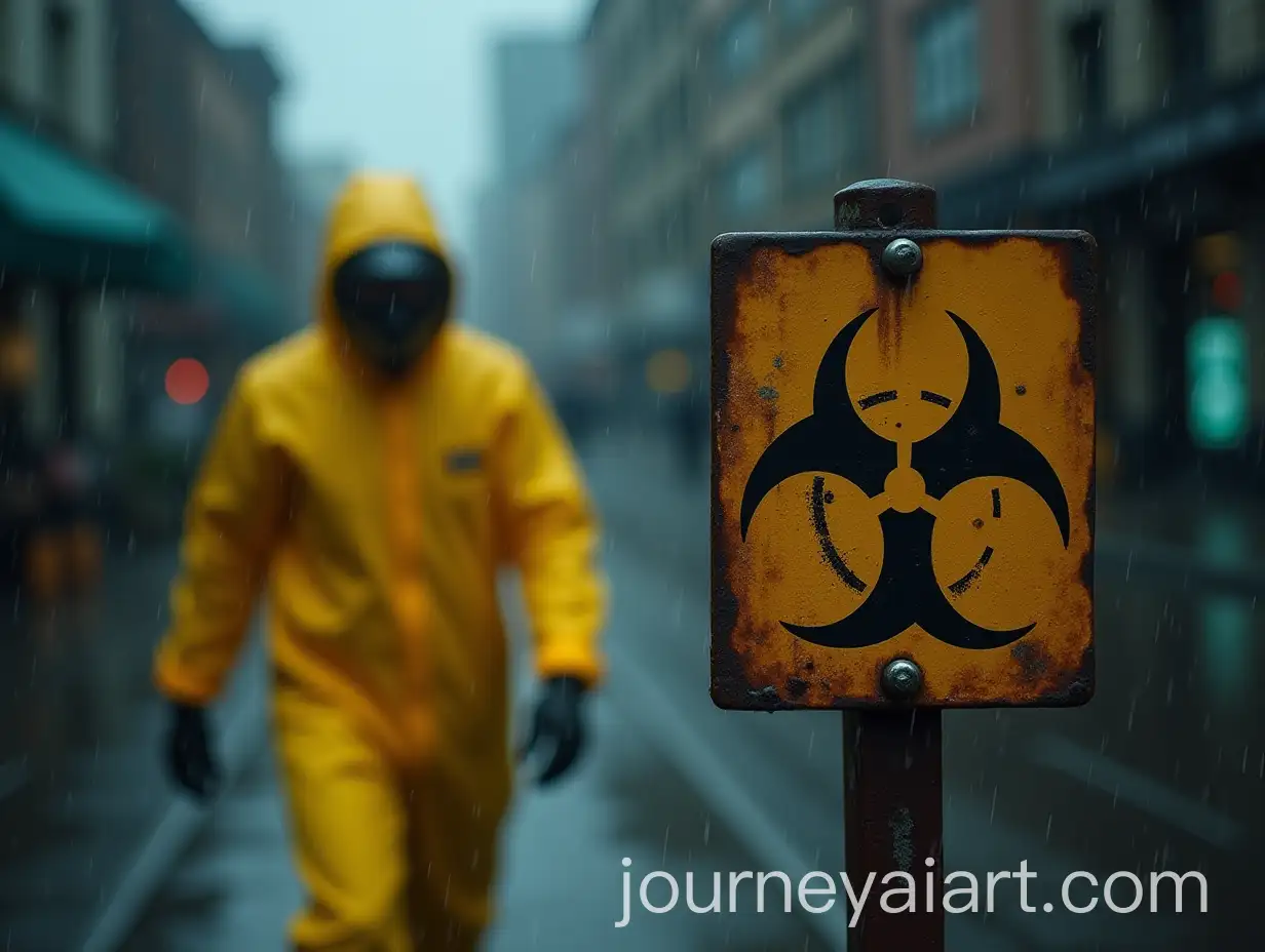 PostApocalyptic-Biohazard-Warning-with-Yellow-Protective-Suit-in-Rain