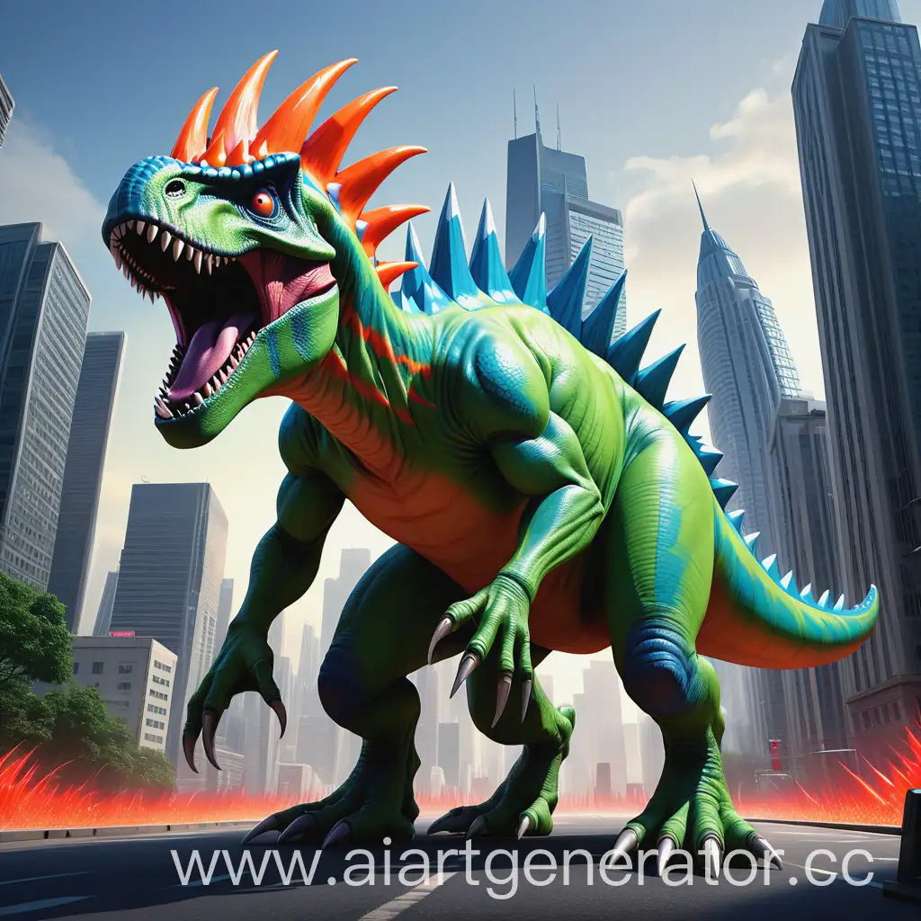 Cartoon-Dinosaur-Monster-Charging-Through-City-Streets