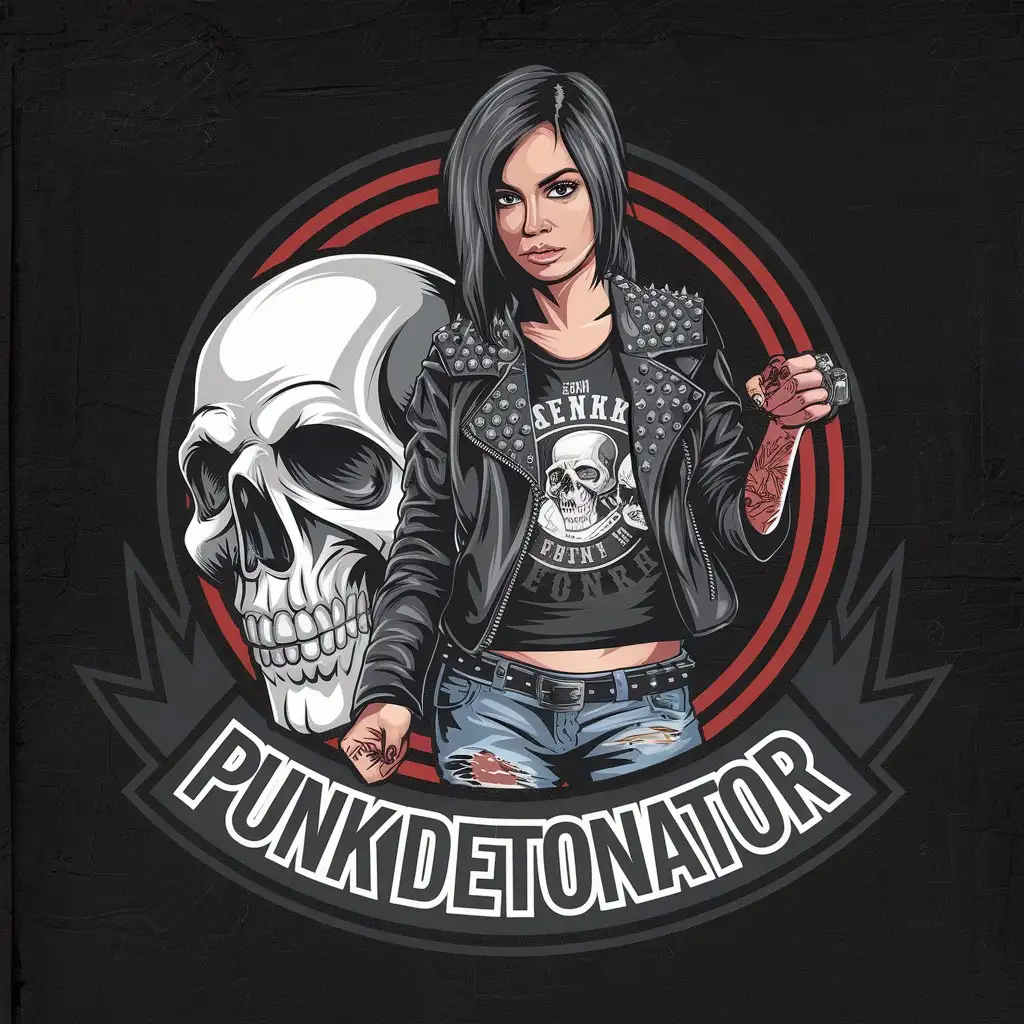 LOGO Design for Punk Detonator Realistic Girl Punk and Skull on Black Background