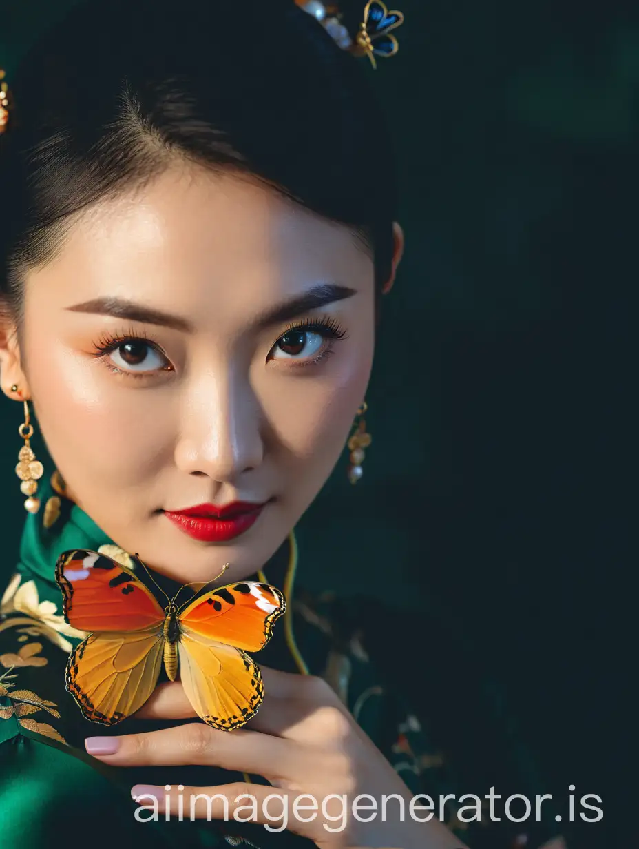 styled hair, Asian person, wearing earrings, beautiful eyes, thin eyebrows, wearing a cheongsam, a butterfly on the back of her hand, not smiling, directly looking at the camera