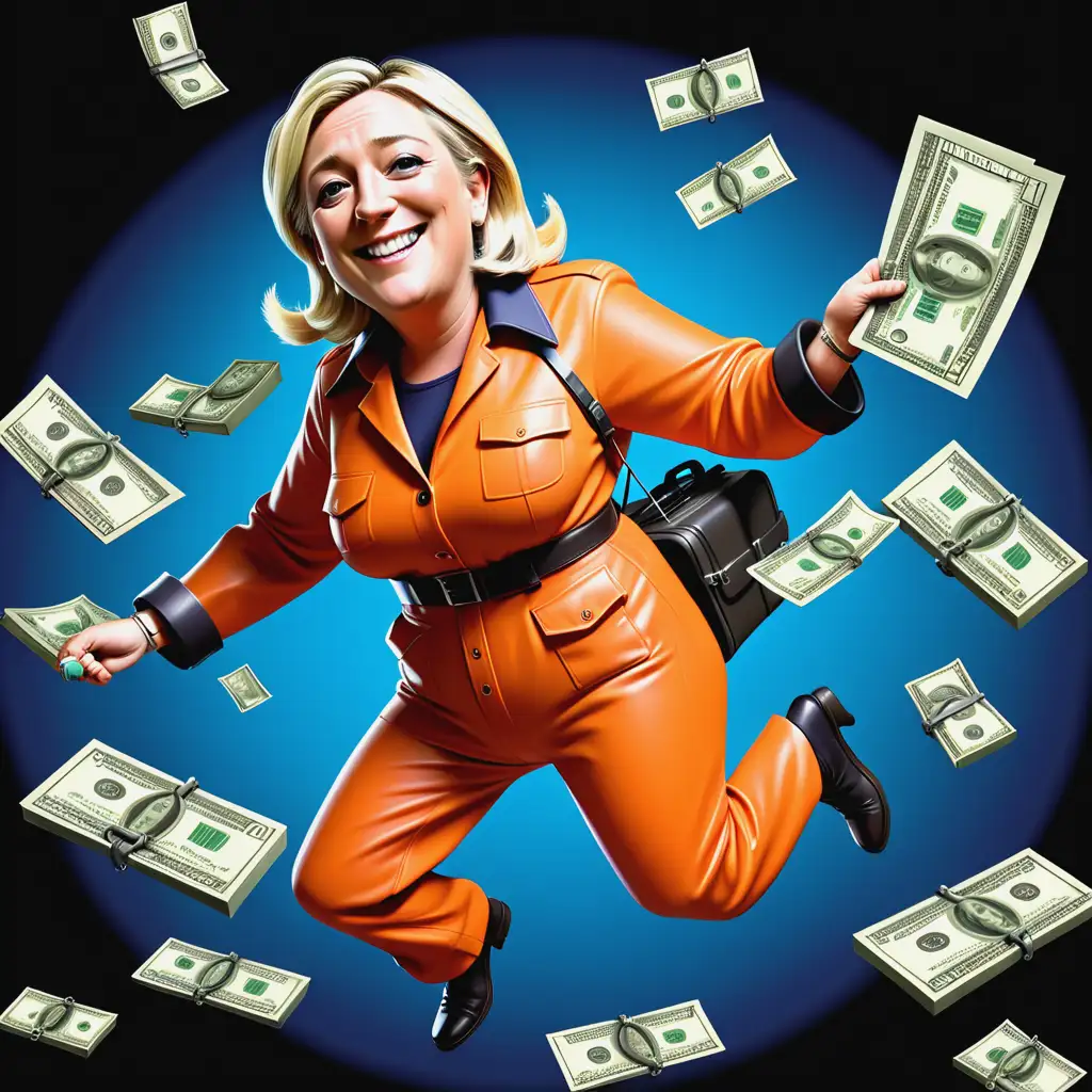 Cartoonish 3D caricature of MARINE LE PEN, wearing an orange American prison jumpsuit, handcuffed, riding a flying BRIEFCASE overflowing with dollar bills, exaggerated facial expression, big smile, WITH A HANDCUFFS ATTACHED TO THE WRIST,shiny stylized rendering, Pixar-like lighting, comical proportions, ultra-saturated colors, humoristic political satire --v 5 --ar 1:1