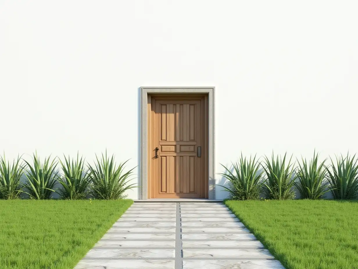 White-Wall-with-Wooden-Door-Surrounded-by-Plants-on-Stone-Path