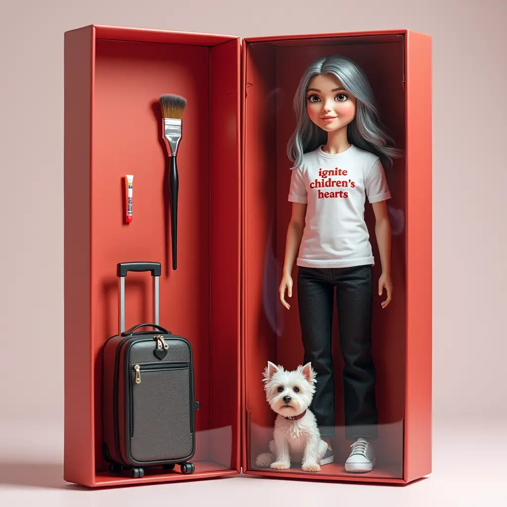 Create a personalized action figure with a person from a photograph in a transparent plastic blister package. The figure should be full size. The figure has gray hair. Hair of medium length. On the figure are black jeans. On the figure is a white t-shirt. On the t-shirt is the inscription 'Ignite children's hearts'. The box should be red. In the box next to the figure should be her accessories: a brush and paints, a Yorkshire terrier dog, a suitcase.