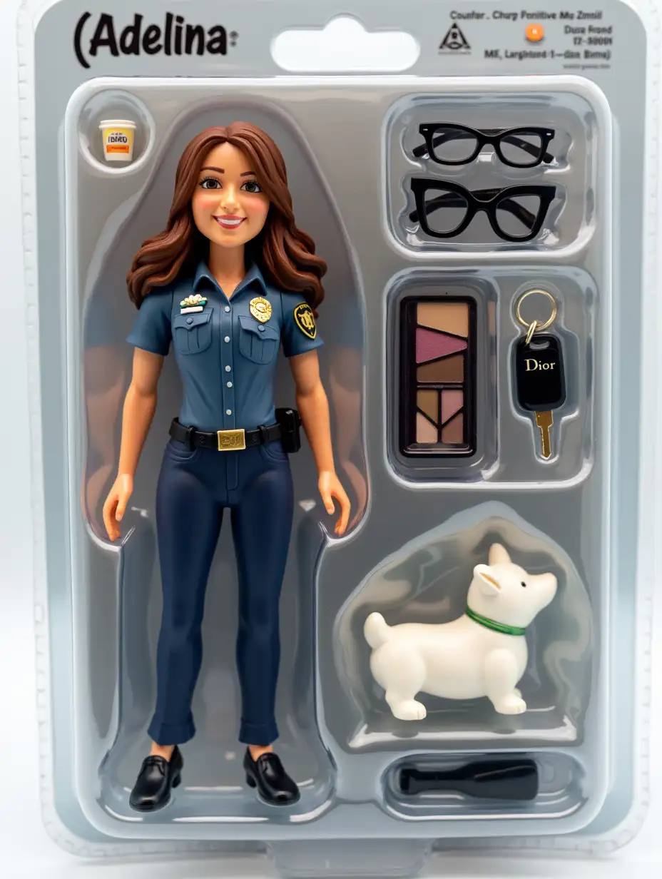 Use my photograph to create a figurine of me in a blister pack, in the style of a premium class collectible toy. The figure should be a police officer with a relaxed stance, smiling friendly. The blister pack should have a header text saying ‘[Adelina]’. Accessories should be placed in compartments next to the image: [Starbucks coffee; black glasses; white corgi dog, car keys, Dior eyeshadow palette; police ID].
