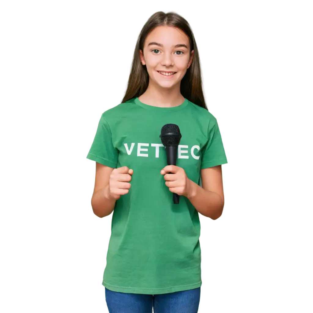 A young girl of 16 years is holding a microphone of VETEC company in her hands. And VETEC is written on the girl's shirt.