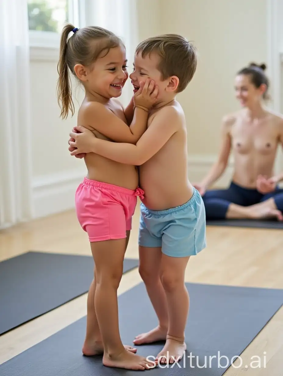 Joyful-Embrace-Little-Girl-in-Pink-Swim-Trunks-and-Boy-in-Blue-Swim-Trunks-Share-a-Heartfelt-Moment-in-a-Yoga-Class