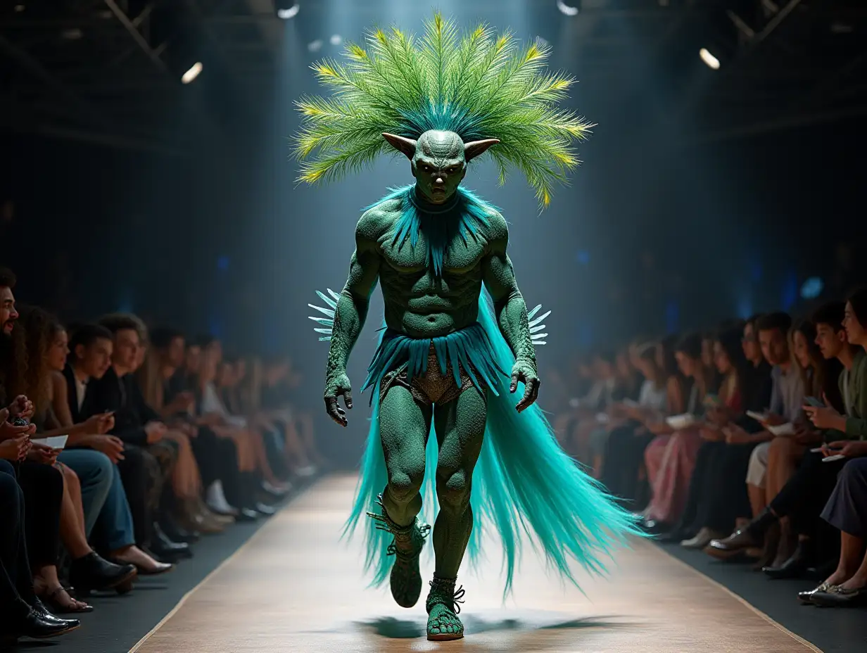 Ki-Fantasy, a mix of man-, shrek Ogre and peacock head design with beautiful shoes at a fashion show