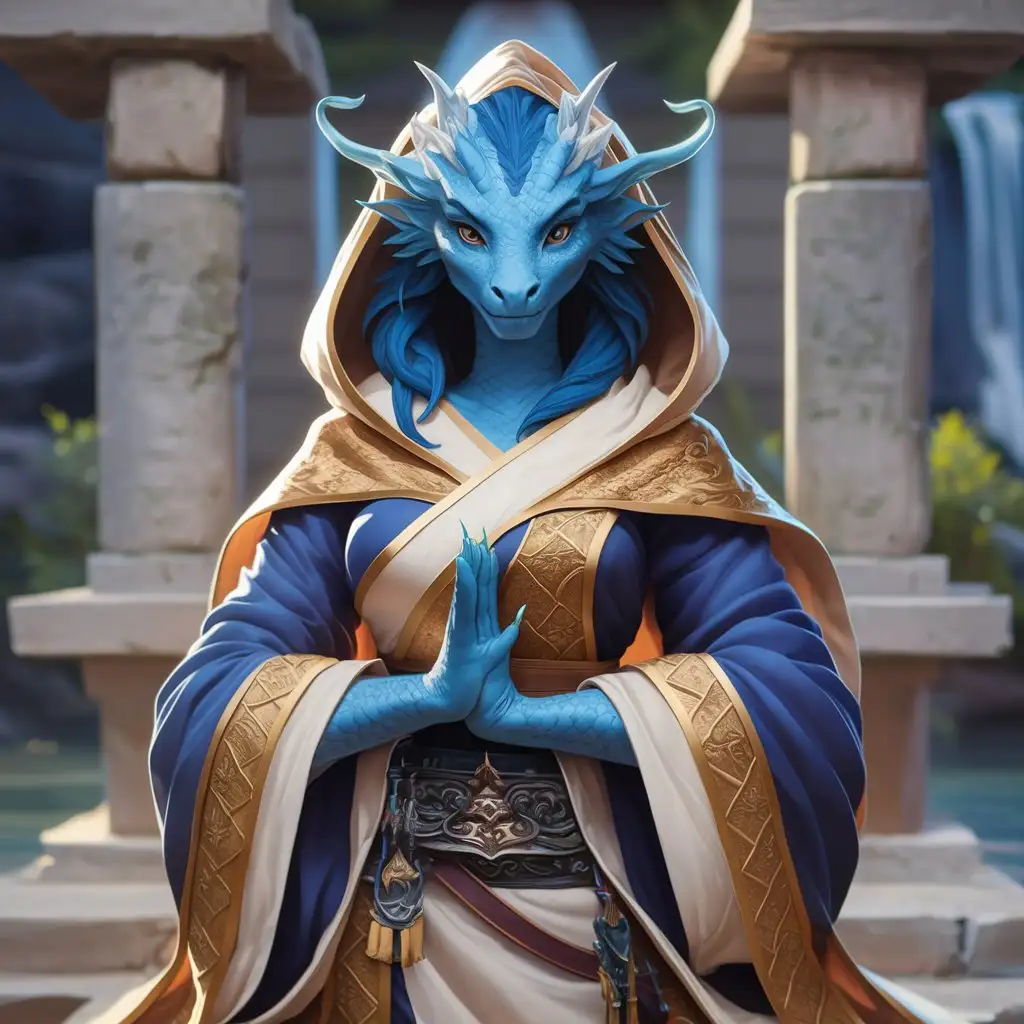 Graceful Blue Dragonborn Monk in Elegant Robes