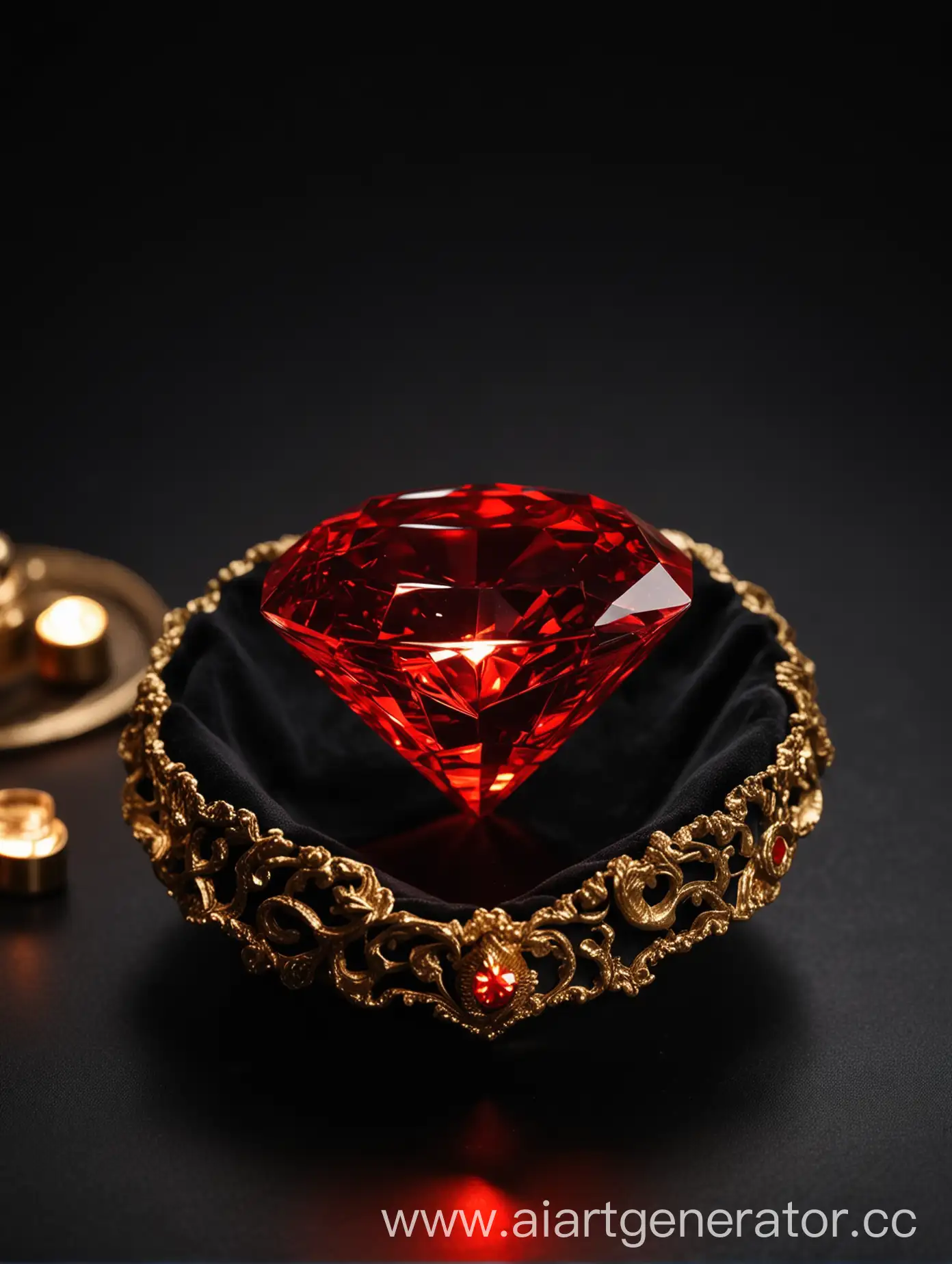 Red-Diamond-in-Glowing-Gold-Dish-with-LED-Lighting-on-Black-Velvet-Table