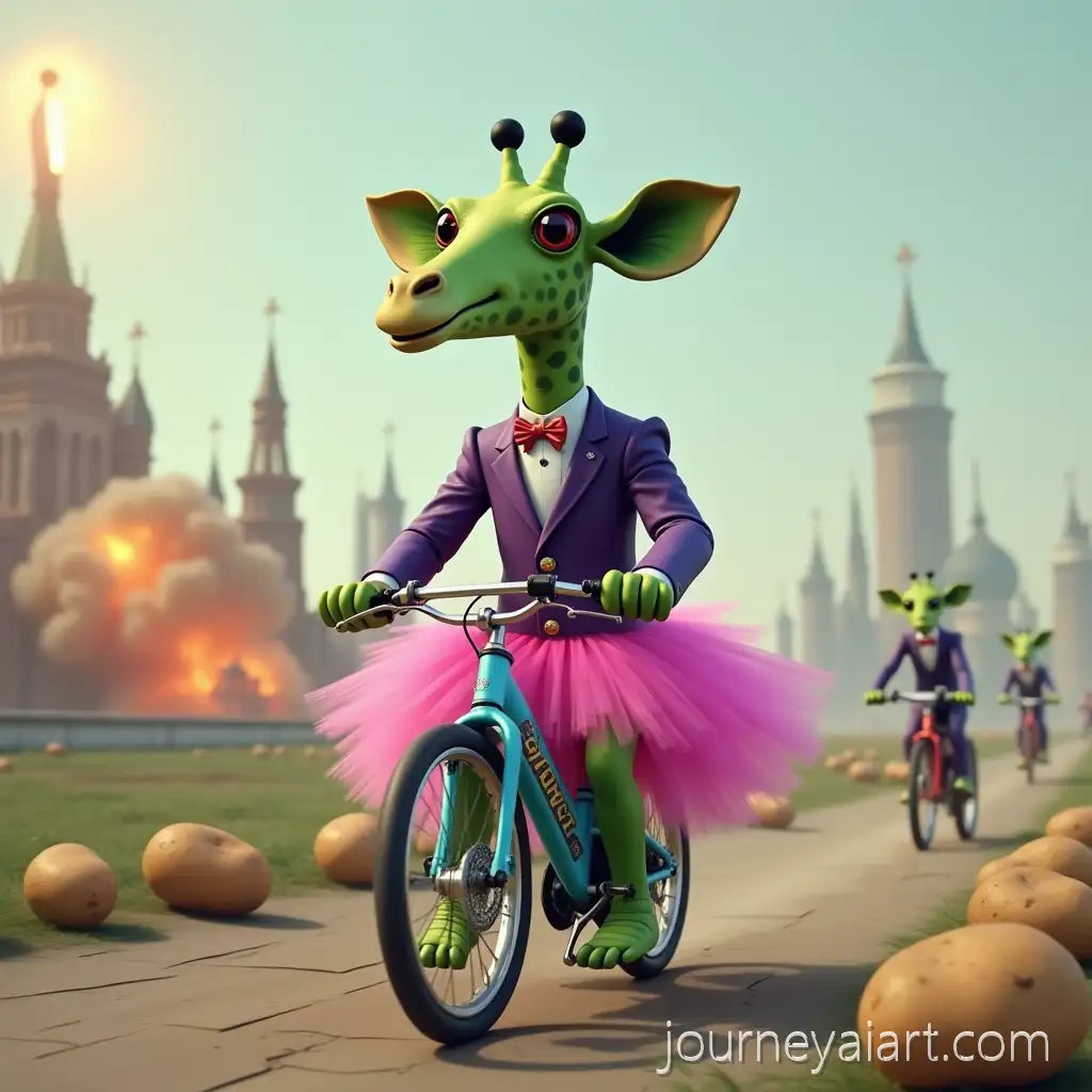 Green-giraffe-in-RussiaGreen-Spotted-Giraffe-in-Tuxedo-and-Tutu-Riding-a-PotatoPowered-Bike-During-Alien-Invasion-in-Russia