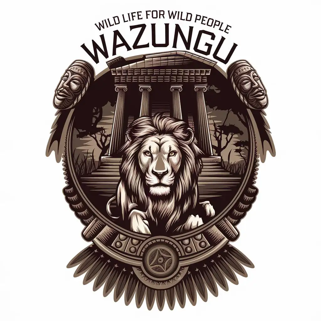 LOGO Design for WAZUNGU Wild Life for Wild People Featuring Temple Lion and African Mask Elements